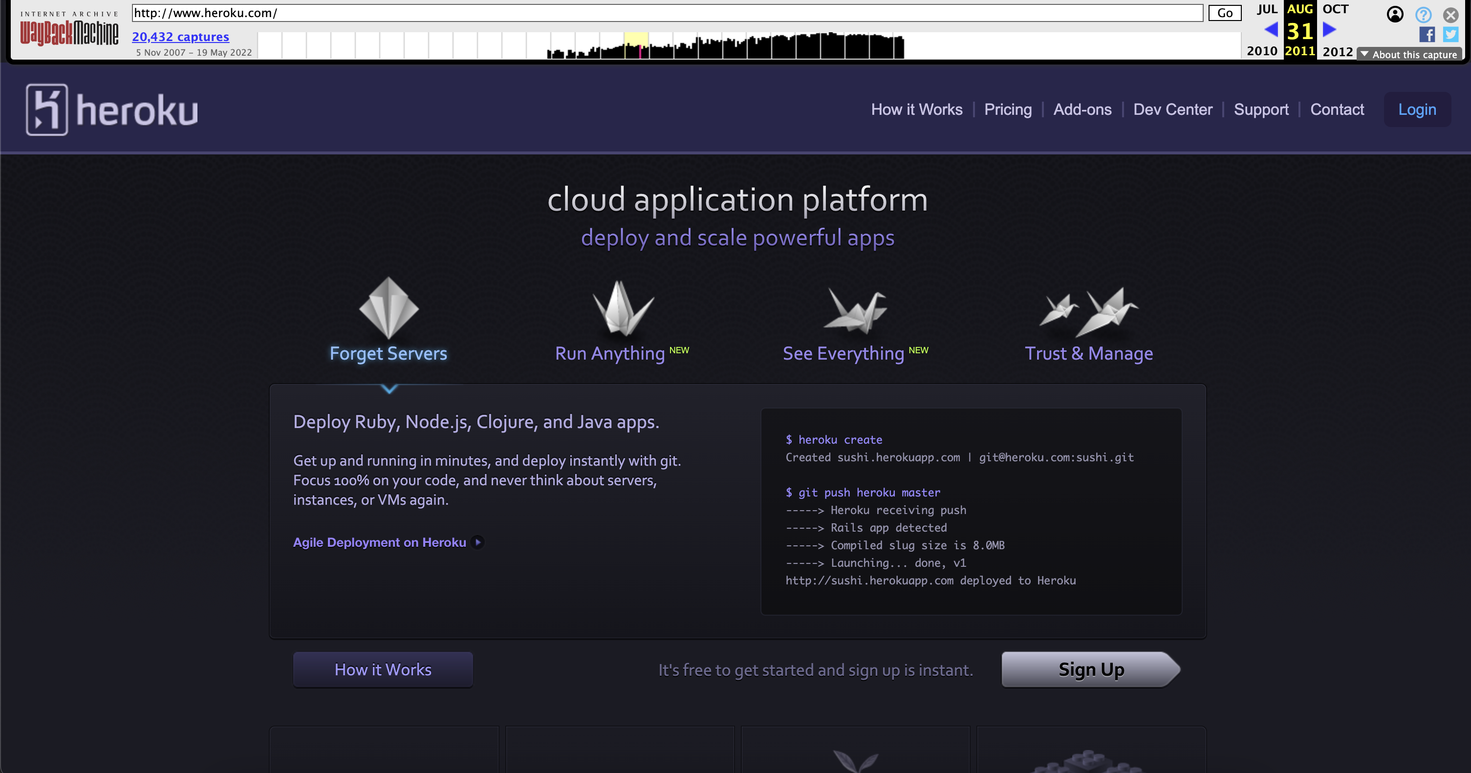 Heroku's landing page in 2011 after expanding past Ruby to become a cloud application platform